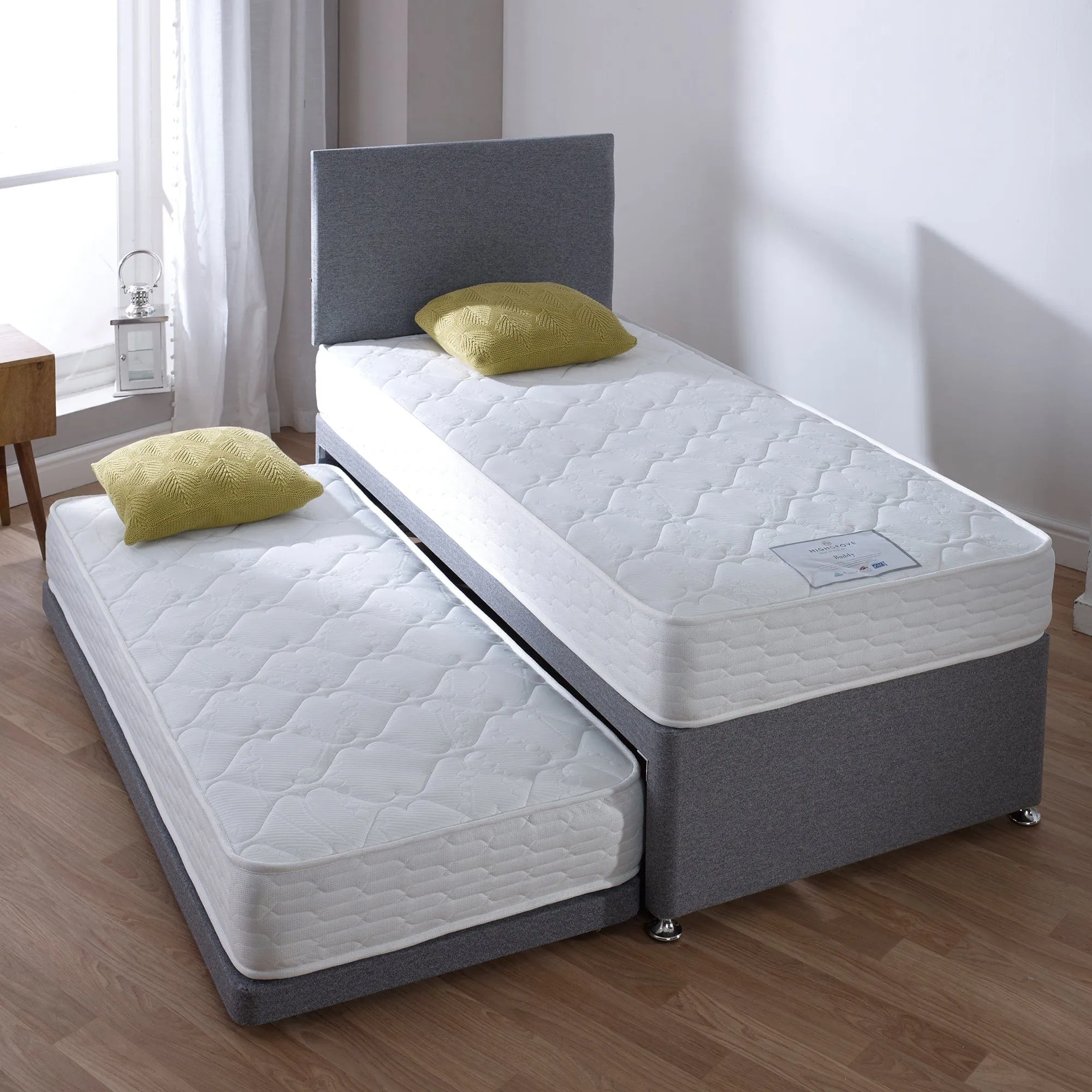 Buddy - 90cm (Single) Guest Mattress, Base & Headboard Set In Plain Grey