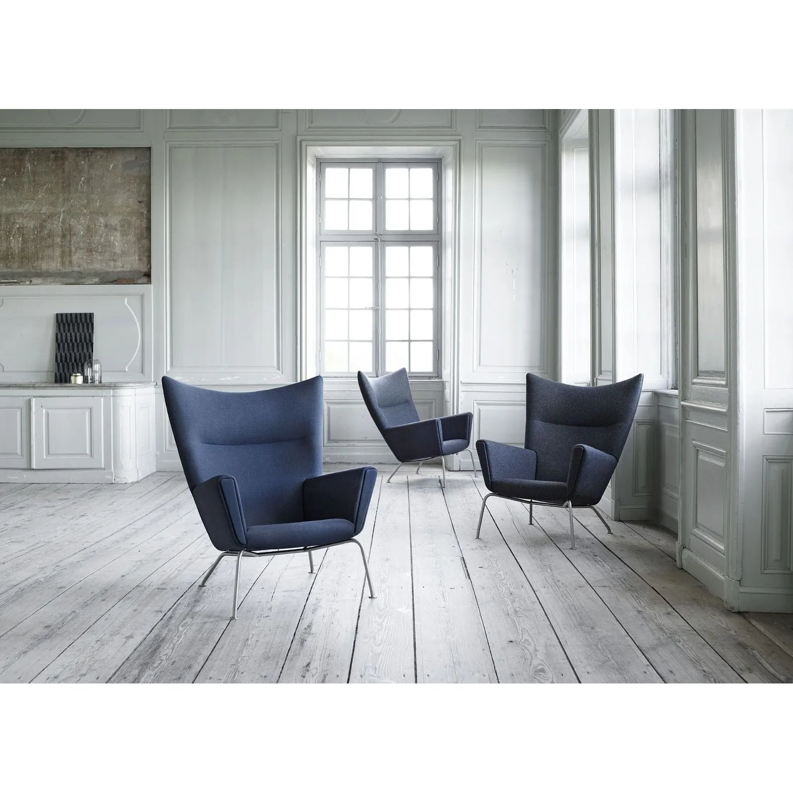 Carl Hansen Ch445 Wing Chair, Steel, Light Gray Fabric