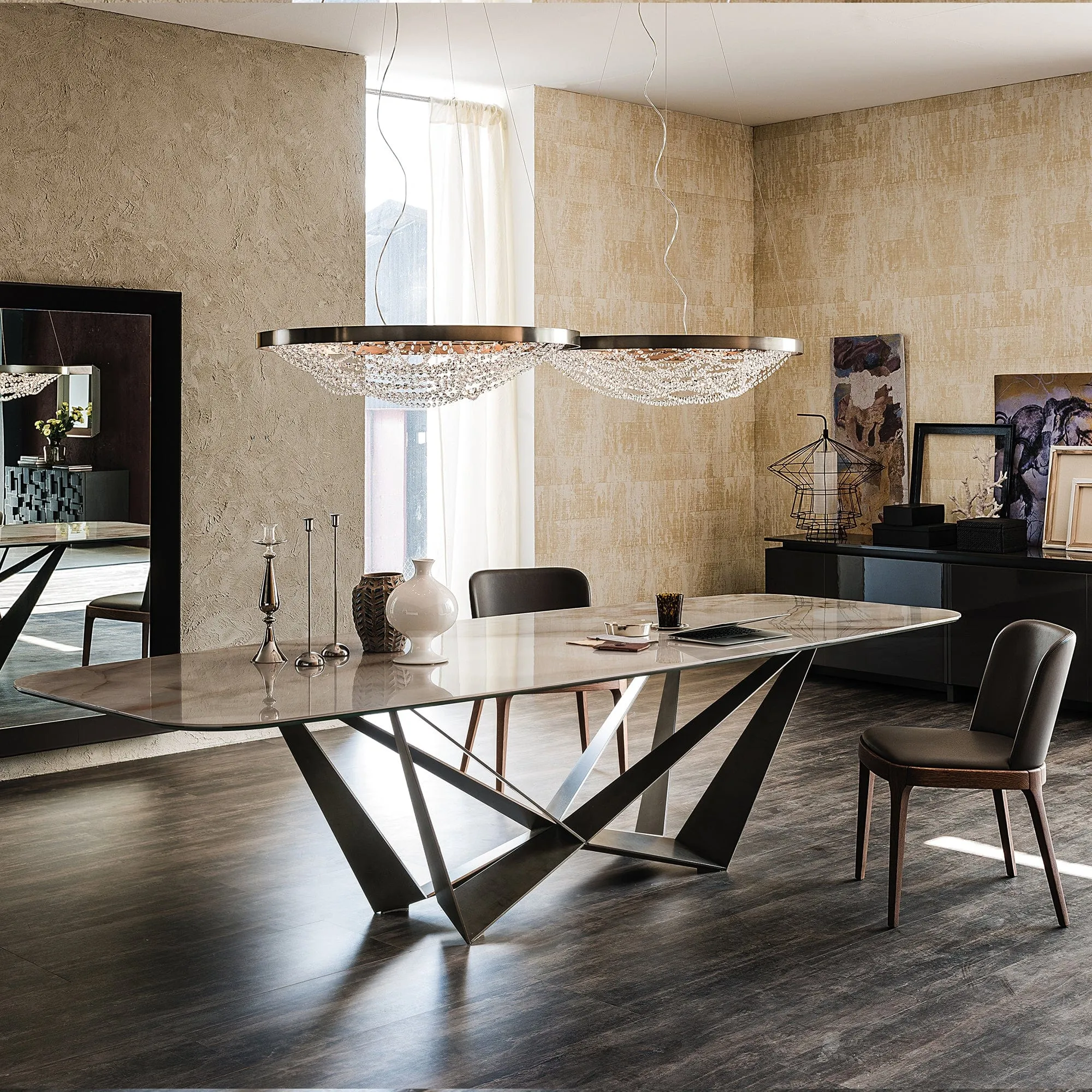 Cattelan Italia Skorpio - Dining Table In Keramik Calacatta & Graphite Steel Base