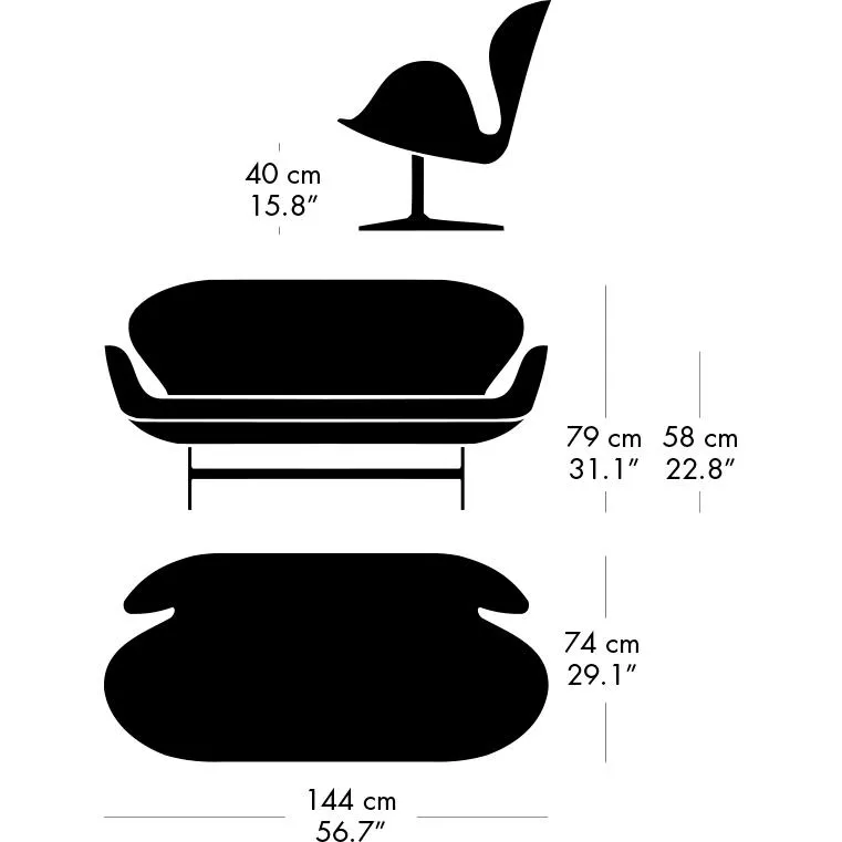 Fritz Hansen Swan™ Sofa 2 Seater, Black Lacquered/Fiord Dark Grey Multicoloured