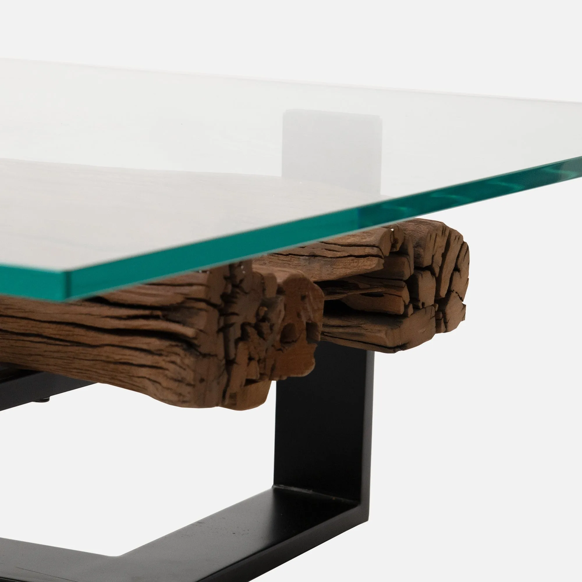 Lampu - 160cm Rectangular Coffee Table With Reclaimed Railway Sleeper & Glass Top