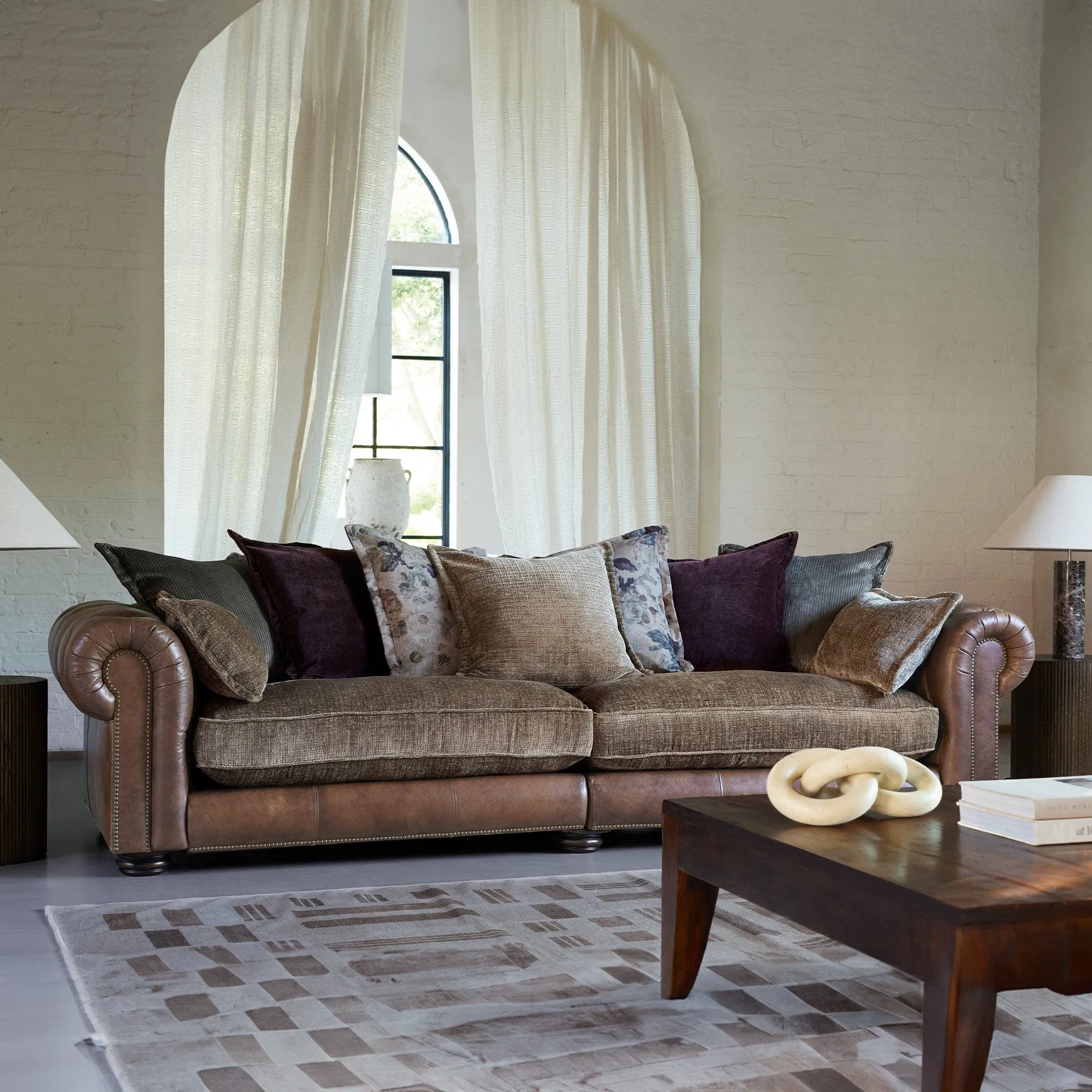 Lancaster - 3.5 Seat Pillow Back Split Sofa In Fabric & Full Aniline Leather Mix