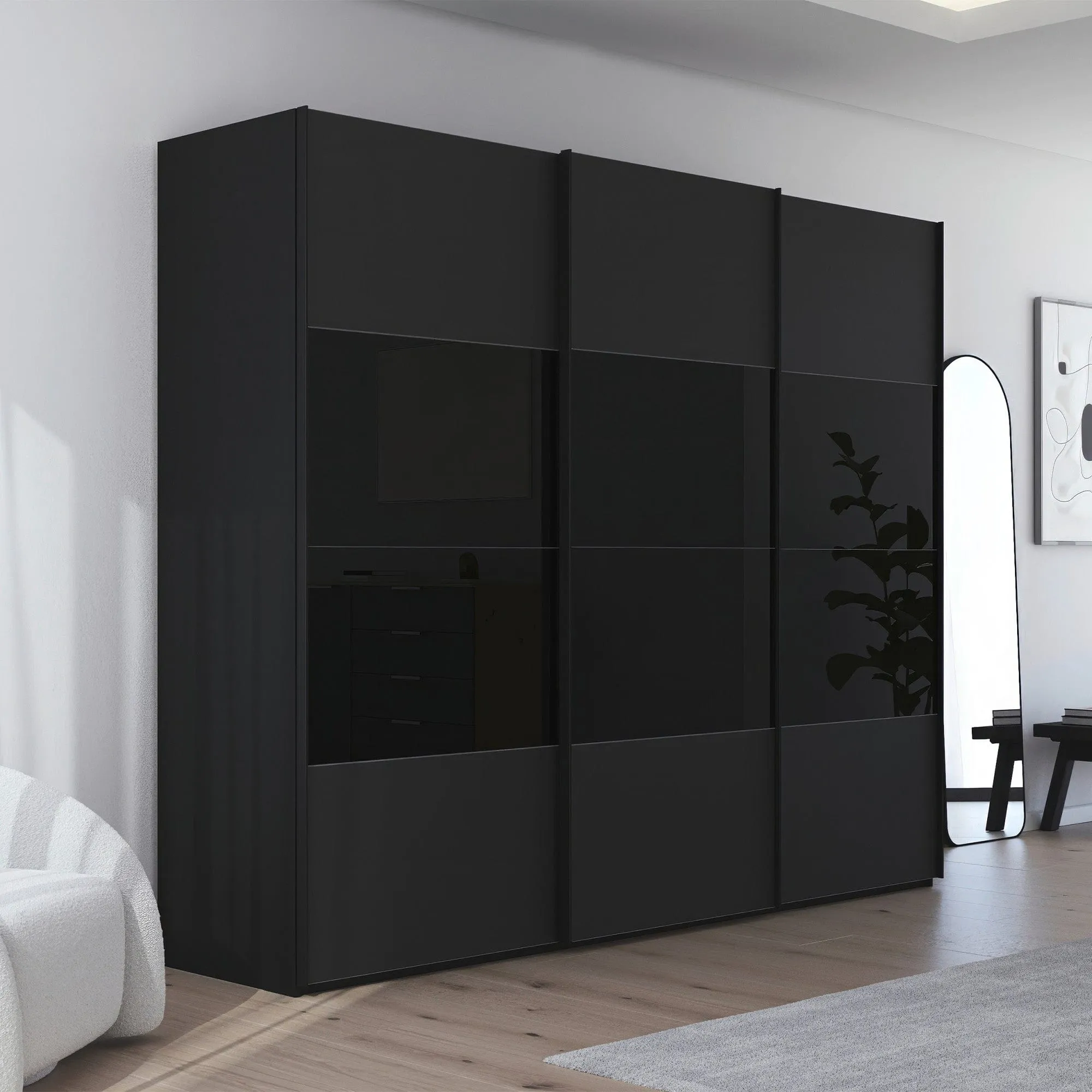 Montpellier - Black Matte & Glossy Glass 3 Door Sliding Wardrobe