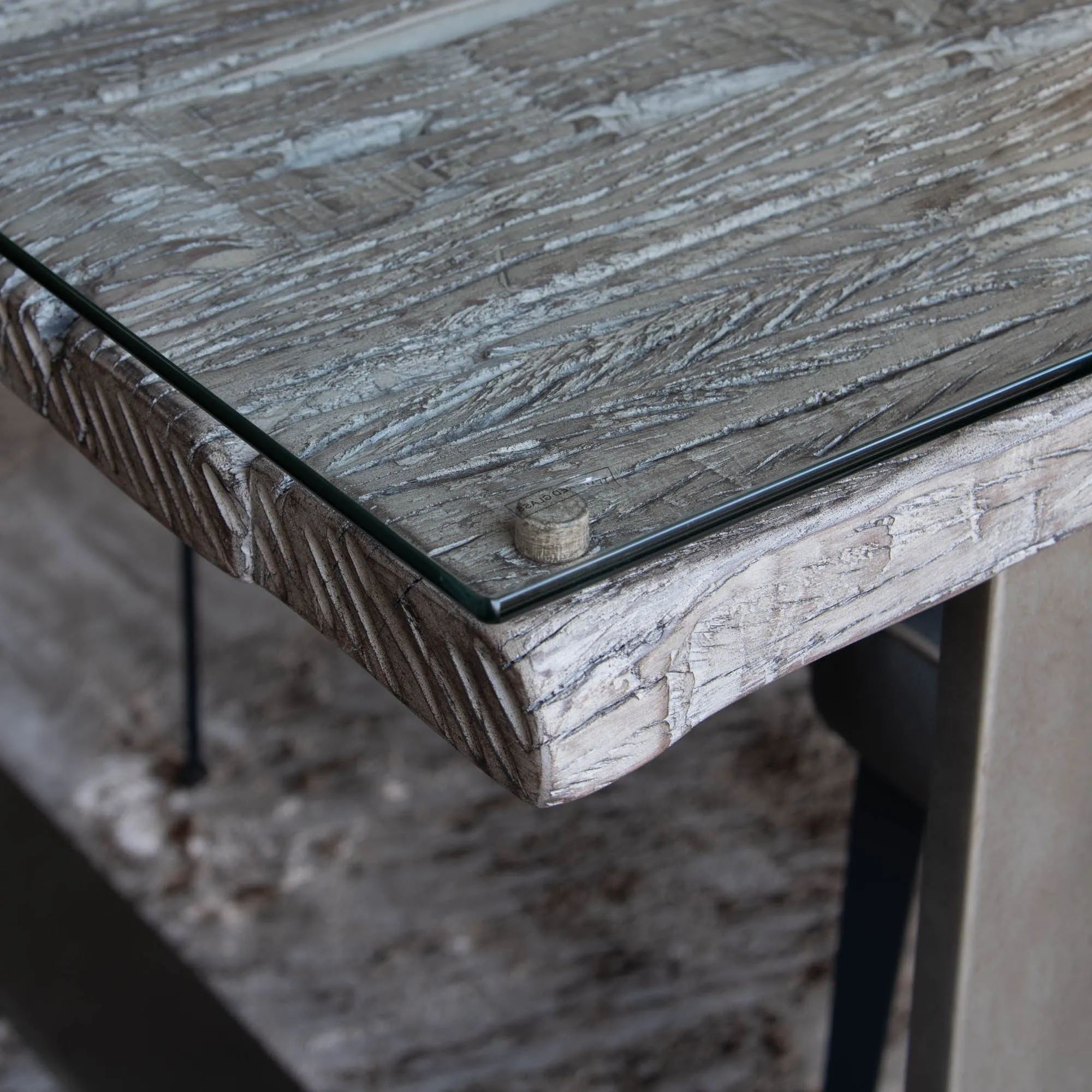 Myrtle - Dining Table Reclaimed Railway Sleeper With Glass Top & Matte Grey Metal Base