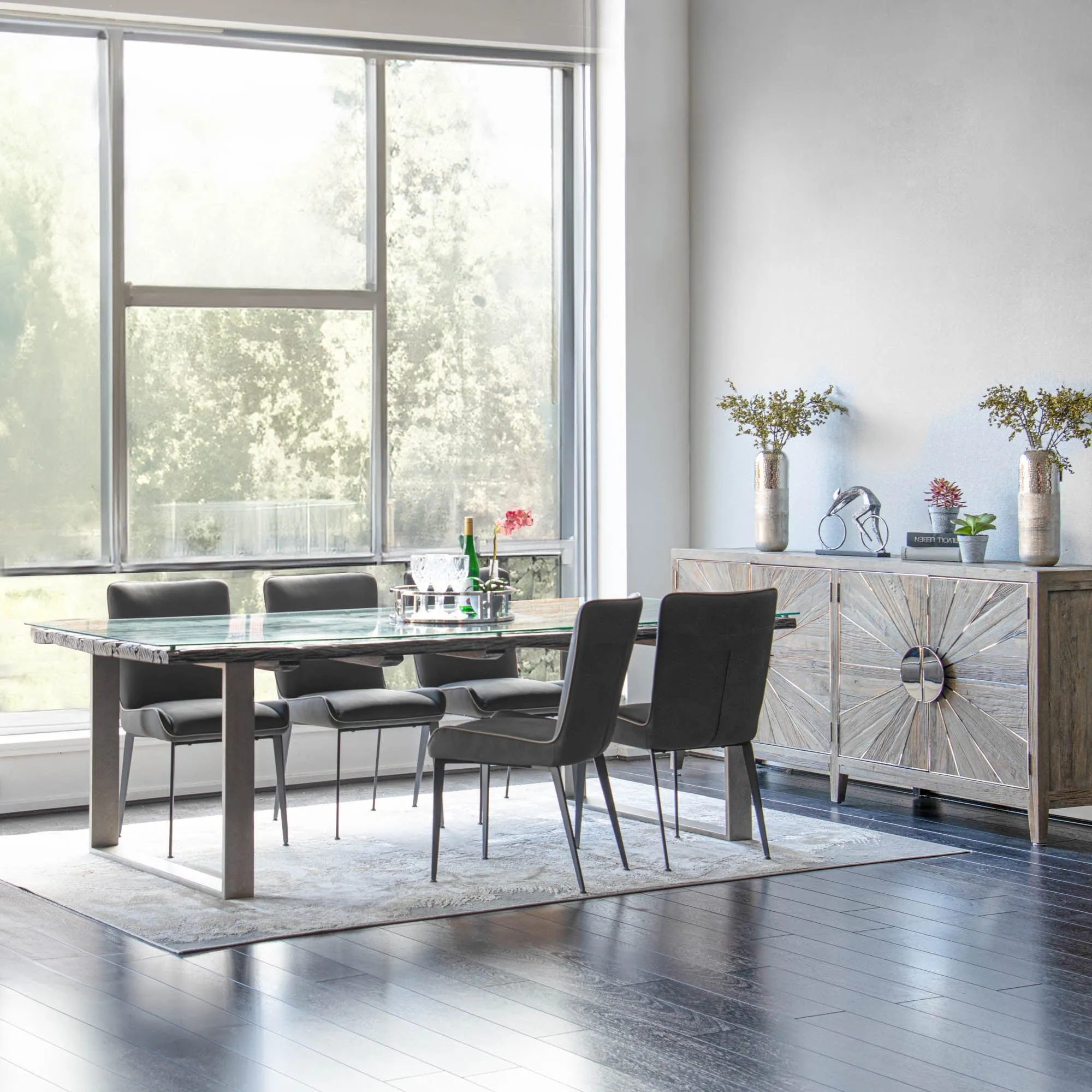 Myrtle - Dining Table Reclaimed Railway Sleeper With Glass Top & Matte Grey Metal Base