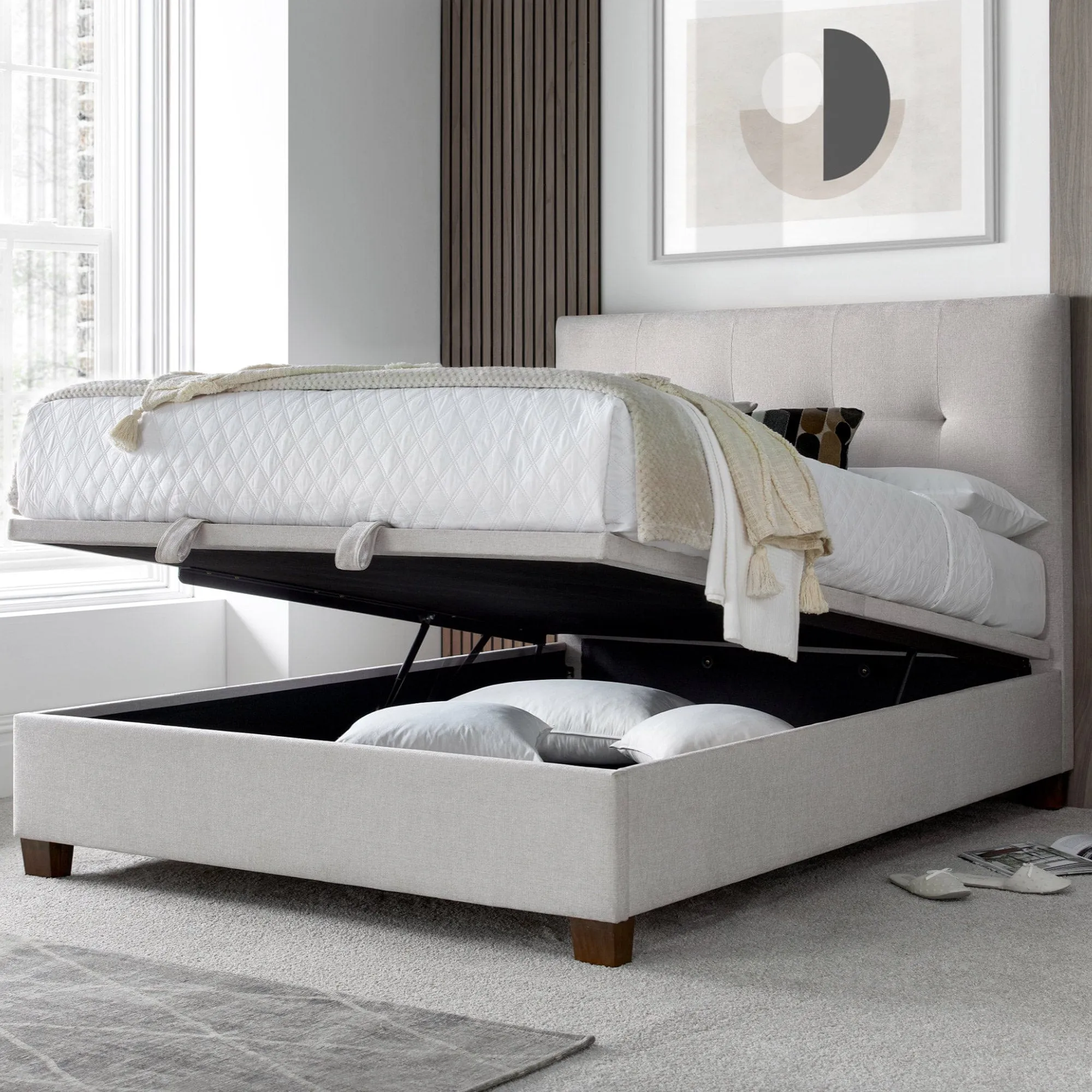 Nicola - Ottoman Bed Frame In Fabric Maskat Clay