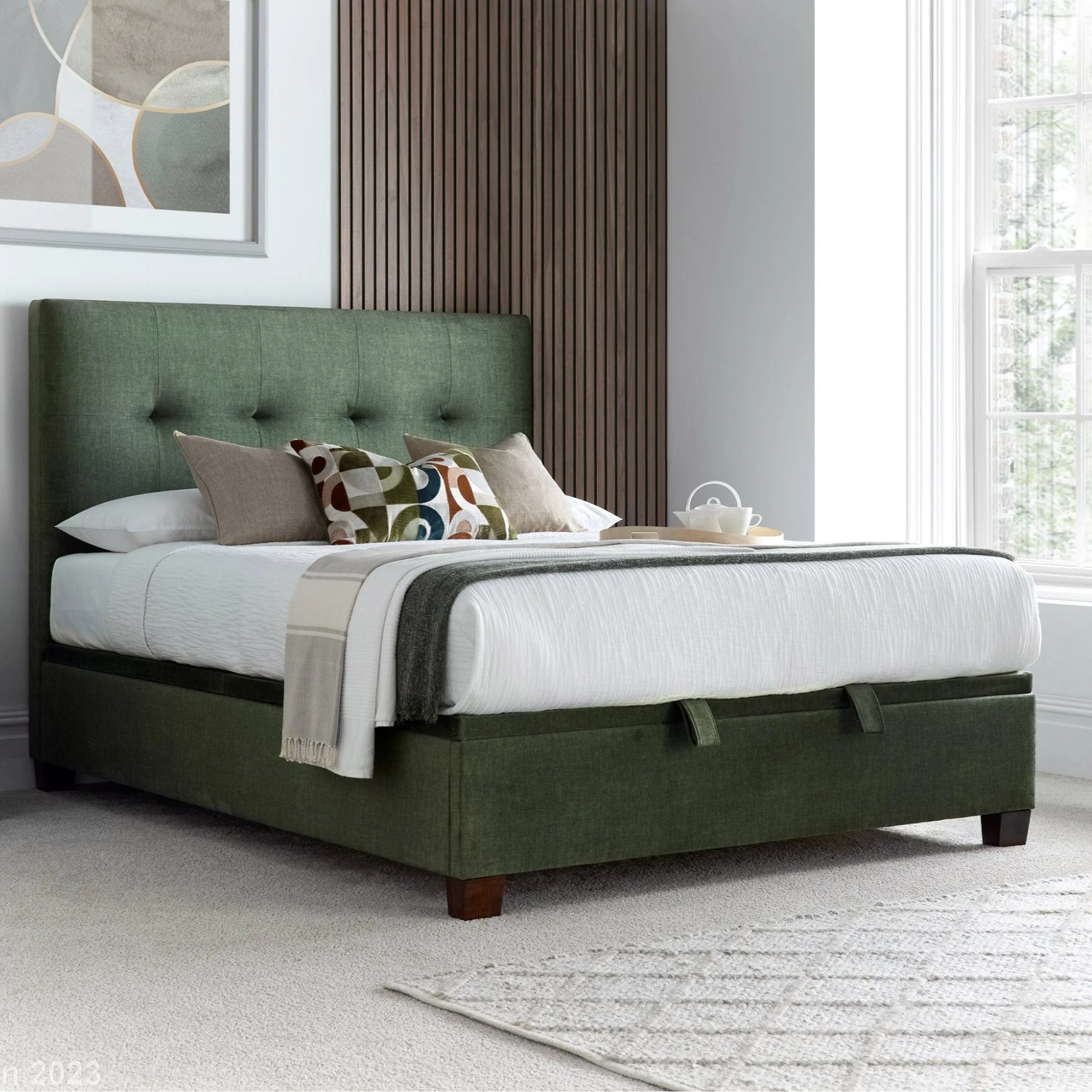 Nicola - Ottoman Bed Frame In Fabric Winter Moss Green