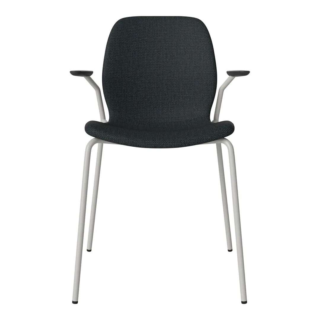 Seed Dining Chair w/ Open Arms - Upholstered -  Steel Base, Grey Lacquered