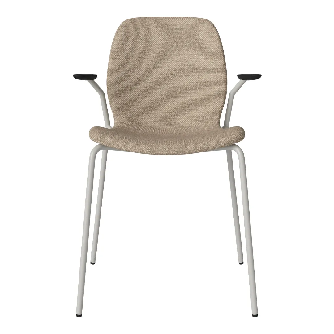 Seed Dining Chair w/ Open Arms - Upholstered -  Steel Base, Grey Lacquered