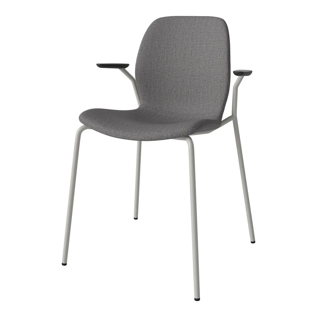 Seed Dining Chair w/ Open Arms - Upholstered -  Steel Base, Grey Lacquered