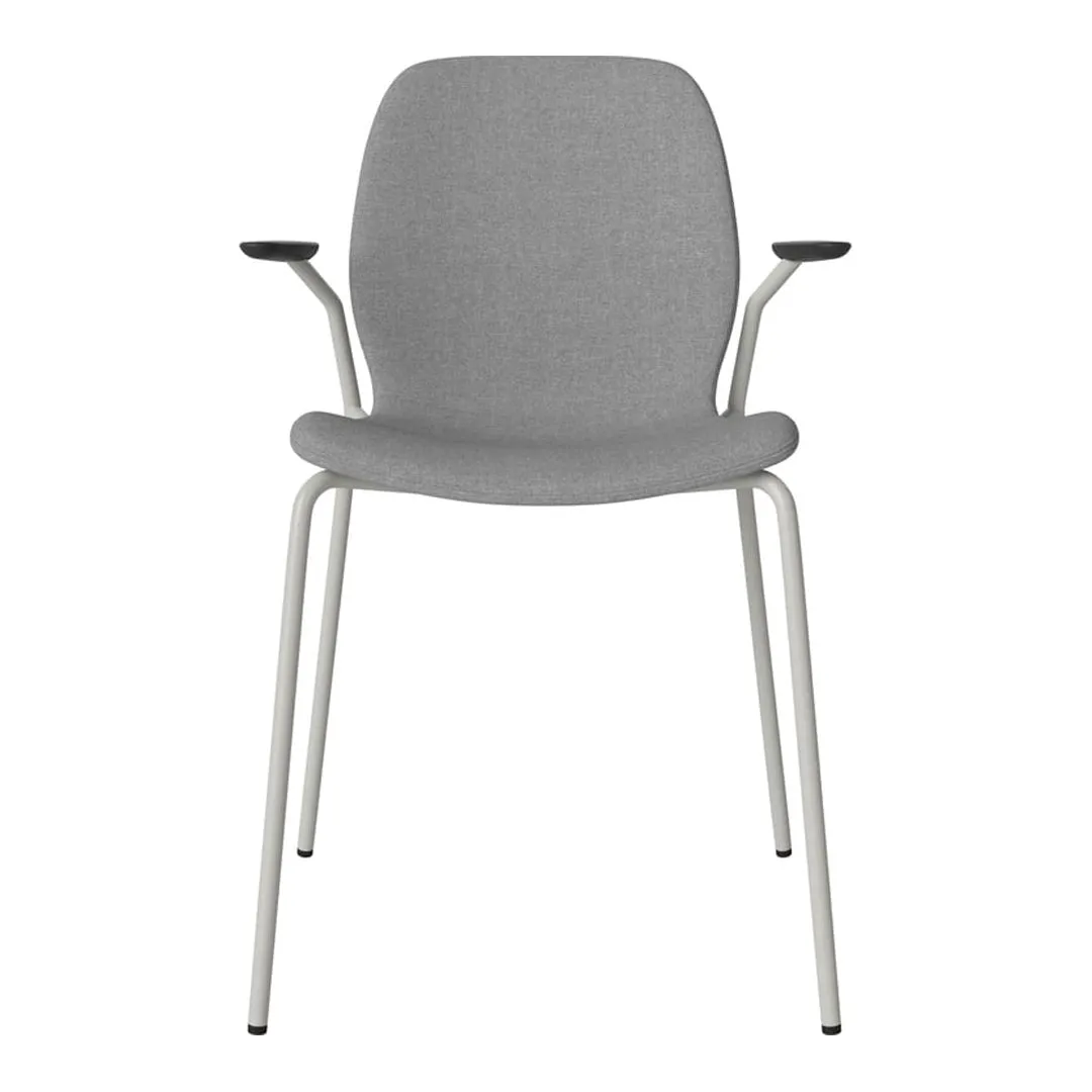 Seed Dining Chair w/ Open Arms - Upholstered -  Steel Base, Grey Lacquered